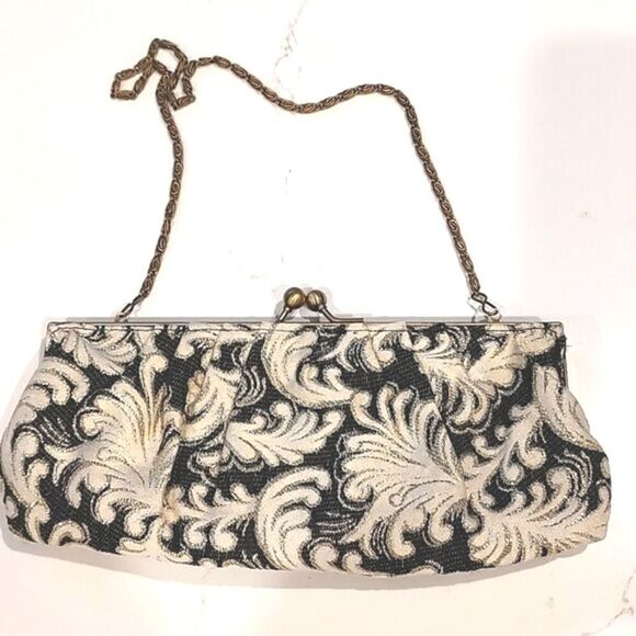 Black and White Tapestry Kiss Lock Evening Bag/Clutch - Picture 1 of 9